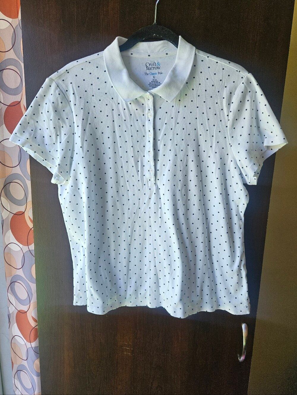 croft & barrow White Polo with Black Polka Dots Size XL